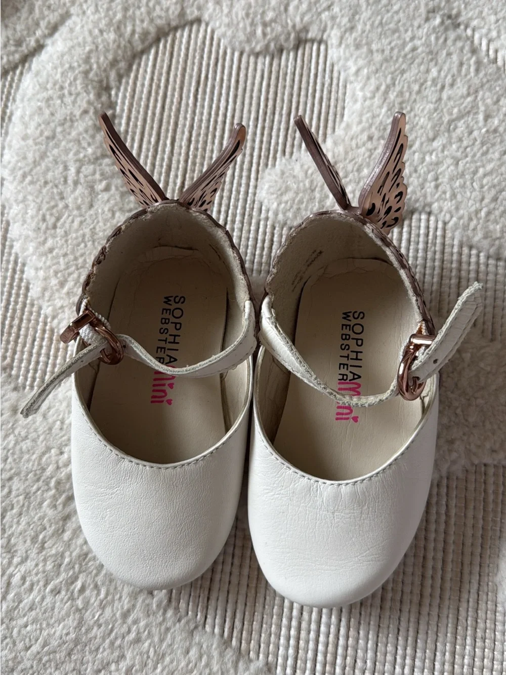 Sophia Webster Girls White Mary Jane Shoes with Rose Gold Butterfly Wings